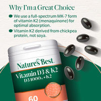 NATURE'S BEST Nature's Best Bone & Immune Boost - High Strength Vitamin D3 1000iu & K2 90µg - Optimal Support for Bones, Teeth, and Immune Function - UK Made - 60 Capsules (2 Months' Supply)