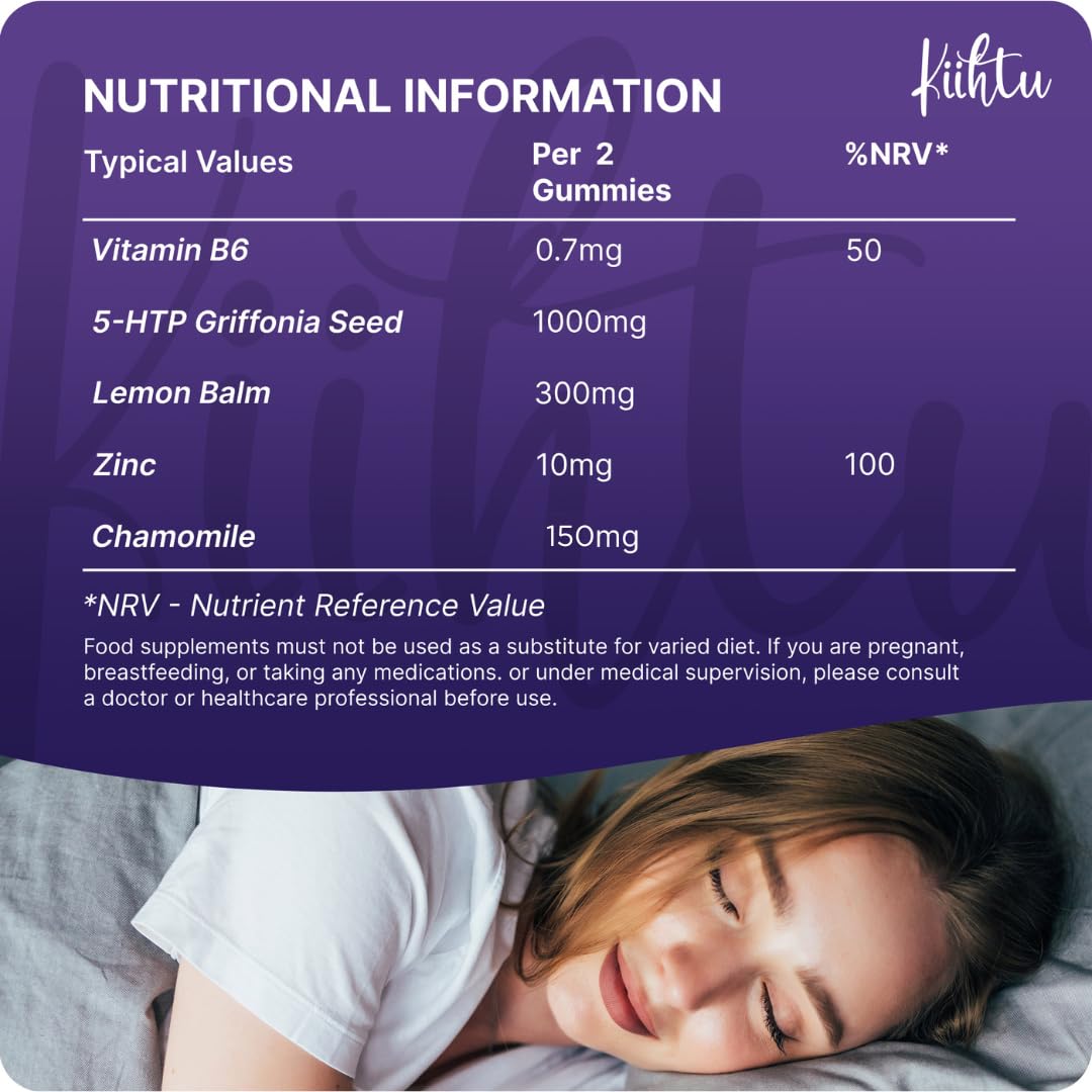 Kiihtu 5HTP Good Night Sleep Gummies - 60 Count | 1 Month Supply Chewable Griffonia Extract, Chamomile & Lemon Balm Bedtime Gummies | Calm Sleep Support | Natural & Vegan | Berry Flavour