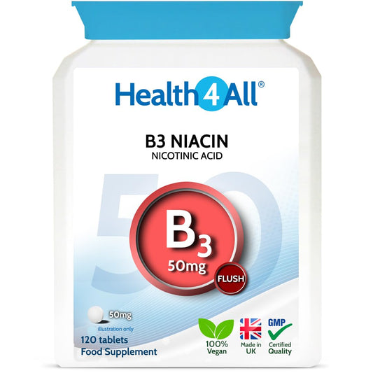 Health4All Vitamin B3 Niacin as Nicotinic Acid (Flush Effect) 50mg 120 Tablets. Vegan Niacin Flush Supplement Tablets. Made in The UK.