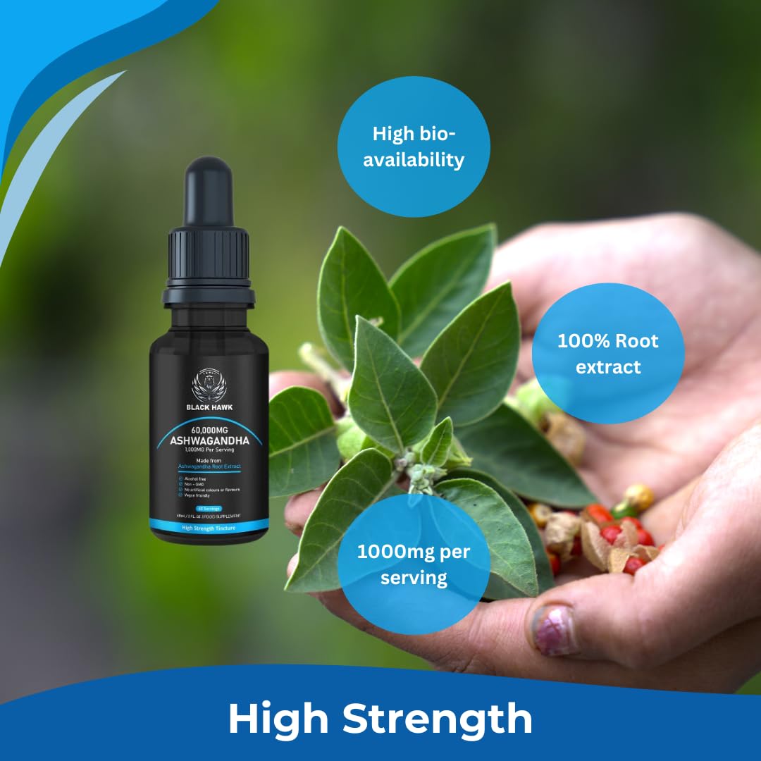 Ashwagandha Liquid 1000mg - 60 Vegan Servings Ashwagandha High Strength Supplement Root Powder Extract - 2 Months Supply - Nootropic - Made in The UK by BLACK HAWK