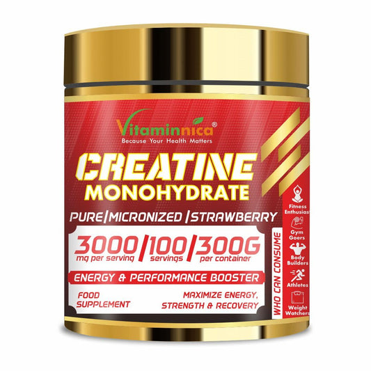 Vitaminnica Because your Health Matters Vitaminnica Micronized Creatine Powder, 100% Pure Creatine Monohydrate Powder for Performance and Muscle Power | 100 Servings, 300 g (300g, Strawberry)