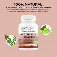 Authentic Biotics – 60 Natural Iron & Vitamin C Capsules, High Strength Iron from Curry Leaves, Vitamin C from Amla, 100% Plant-Based, Vegan & Vegetarian, Free from Fillers, Binders, and Additives (1)