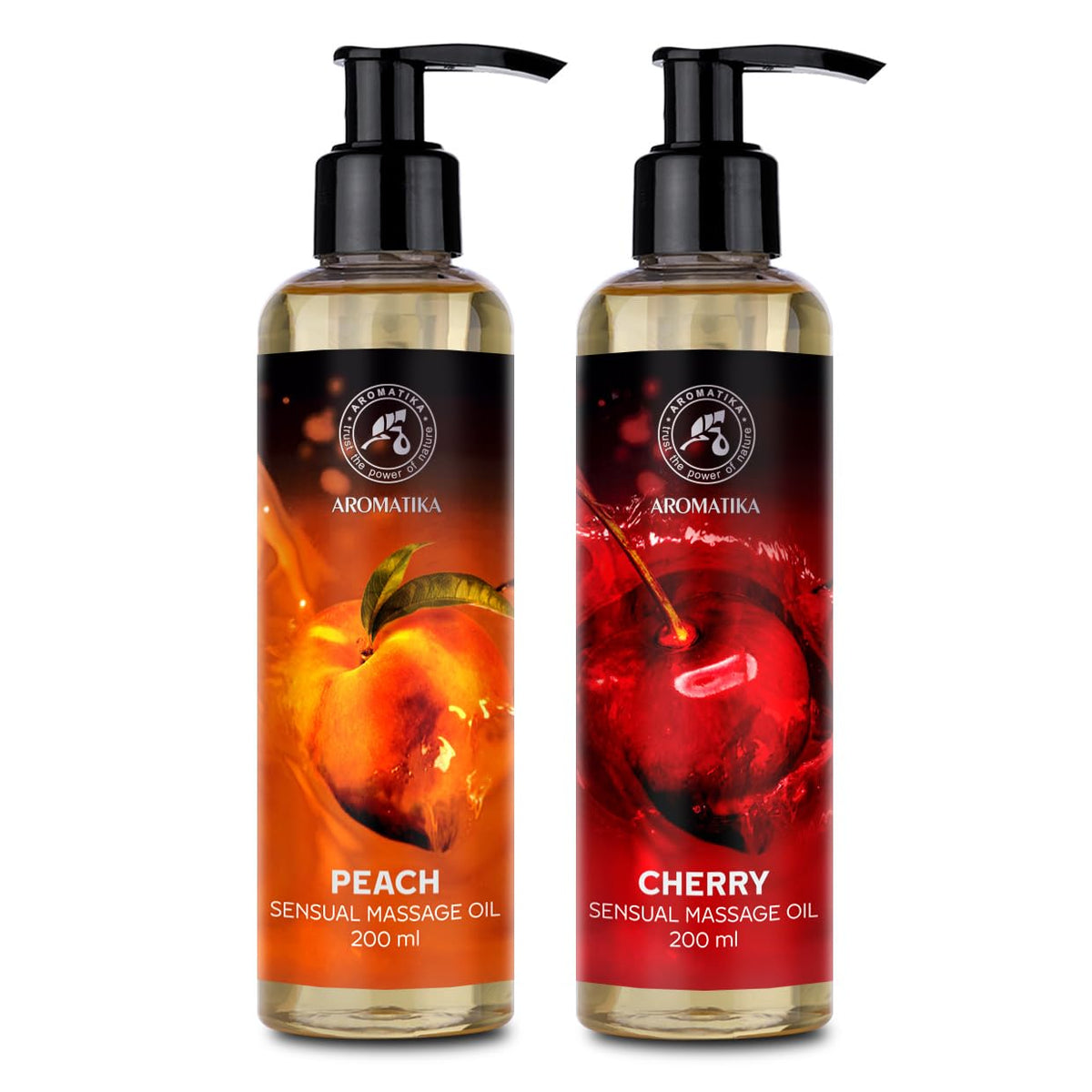 AROMATIKA trust the power of nature Sensual Massage Oil Set 2x200ml - Peach and Cherry - Edible & Kissable Massage Oil - Blend of Almond & Grapeseed & Macadamia Oils - Body Oil for Him & Her - for Couples - Relaxing Massage Oil