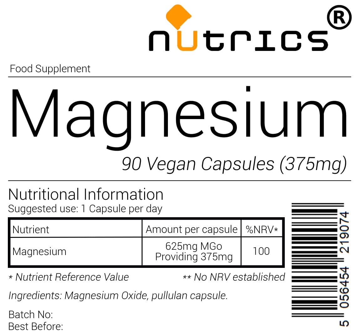 Nutrics® 375mg Elemental Magnesium - 100% NRV Vegan Magnesium Capsules x 90 V Capsules (1 Month Supply) - Suitable for Vegan Vegetarian Halal & Kosher Diet