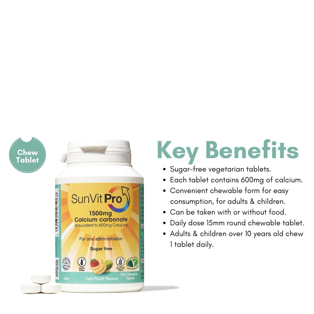 SunVit-Pro Calcium Only 600mg 100 Sugar Free, Daily Tutti Frutti Chewable Tablets