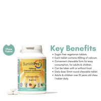 SunVit-Pro Calcium Only 600mg 100 Sugar Free, Daily Tutti Frutti Chewable Tablets