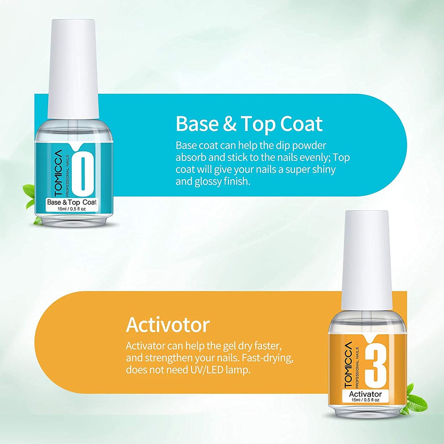 TOMICCA Dipping Top & Base Coat and Activator Large Capacity Liquid Set 2x15ml Dip Powder System Starter Kit No UV/LED Dip Manicure Set of Liquids for Dipping Powder Nail Polish