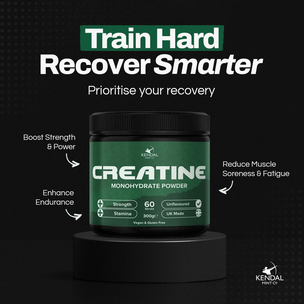 Kendal Mint Co. KMC Creatine Monohydrate Powder, 100% Pure UK Made, 300g, 60 Servings, 5g serving, Unflavoured, Easy Mix, Vegan Gluten Free -Supplement for performance, strength workouts & cognition by Kendal Mint Co