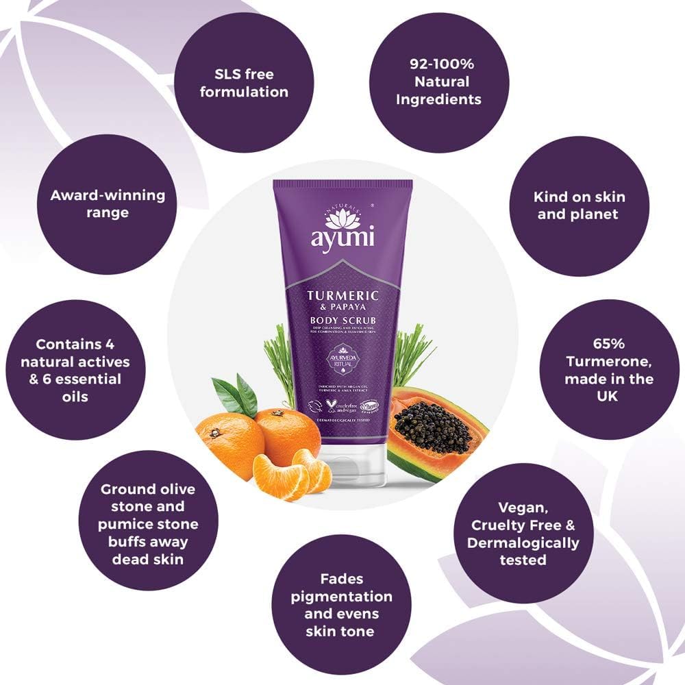 Ayumi Turmeric Body Scrub | Brightening Body Scrub with Papaya Extract | Revitalises Dull & Dehydrated Skin | Hydrating Cleanser with Argan Oil | Scrub for Women & Mens Skincare Rituals |200 ml