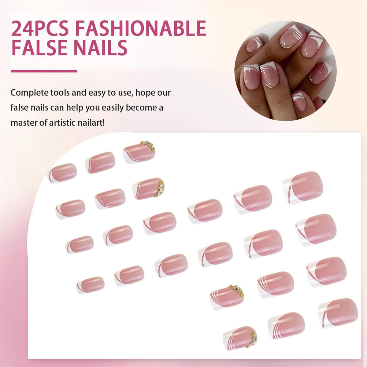 Mikloven Pink Gradient French Manicure Nails - Oval Shape Acrylic High Gloss Reusable Press On Nails For Women With White Tips Golden Sparkle Chain And Multi Layer Stripes Decorations