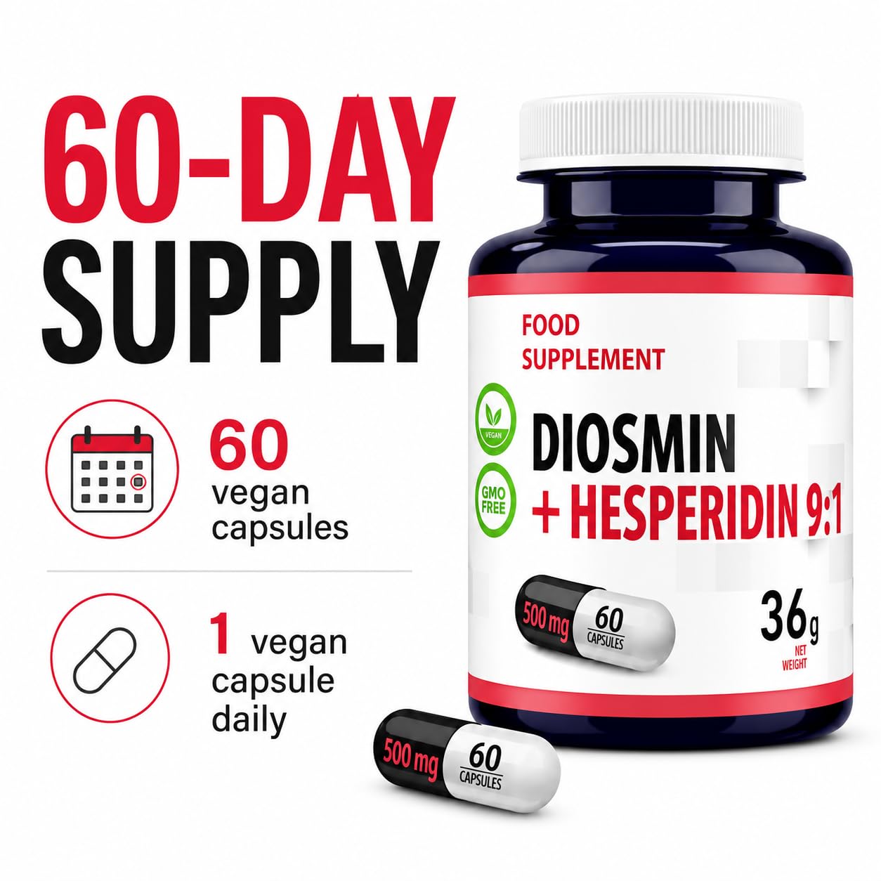 Hepatica Diosmin & Hesperidin 500mg | Diosmin 450mg & Hesperidin 50mg | Bioflavonoid Complex | 60 Vegan Capsules | 2-Month Supply | 3rd Party Lab Tested