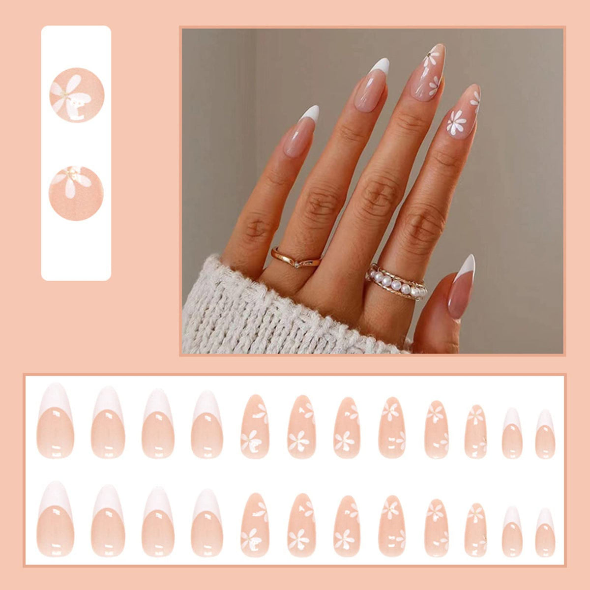 JUSTOTRY 24 Pcs Stiletto Almond False Nails Short, White French Press on Nails with Flower Pattern, Nude Fake Nail Short, Oval Stick on Nail for Women, Nails Fake Nail for Nail Art