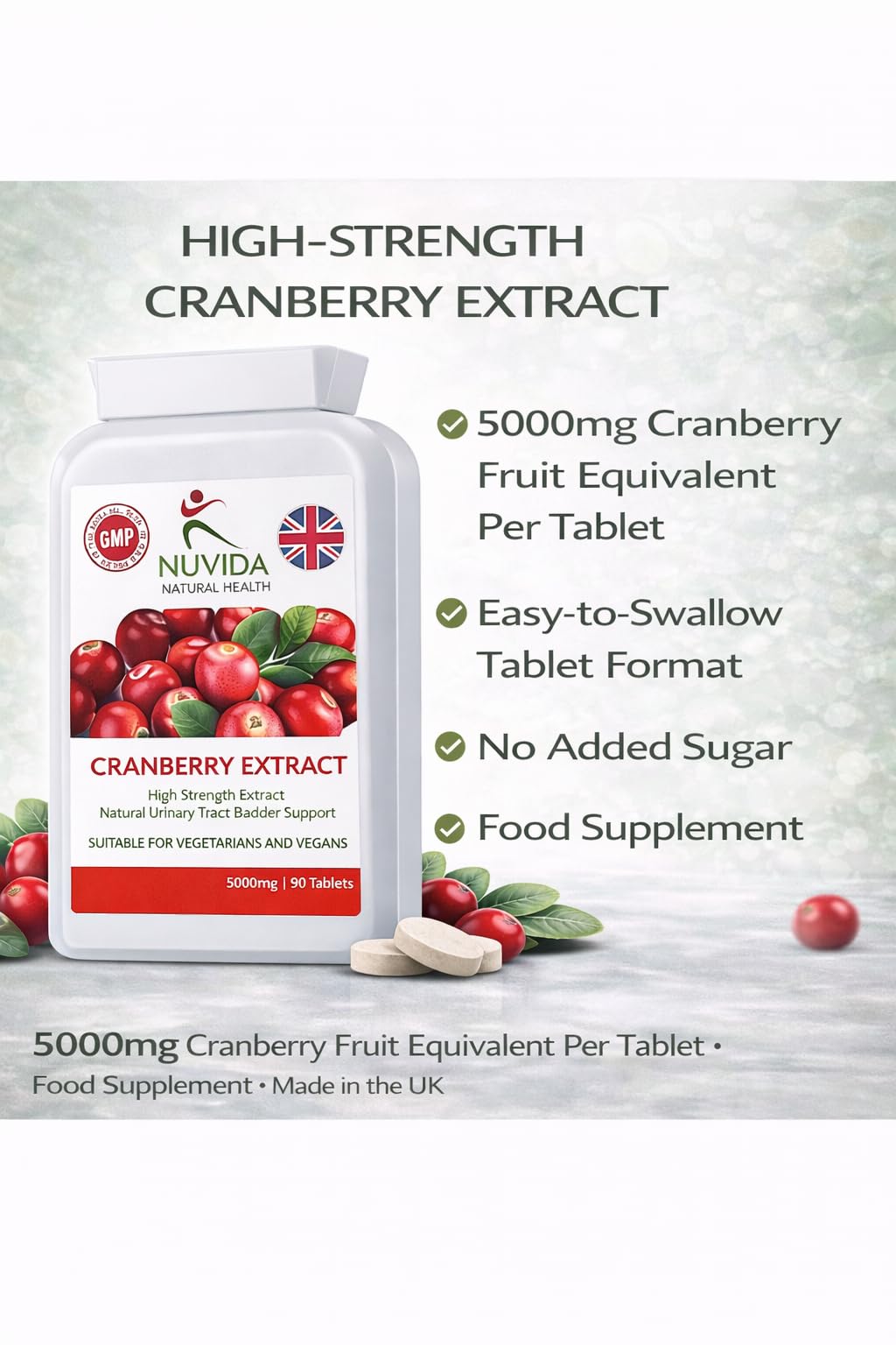NUVIDA NATURAL HEALTH Nuvida High Strength Cranberry Tablets for Urinary infections, Cystitis and UTI Support - 90 Vegan Cranberry Extract Tablets - Cranberry Tablets for Women and Men
