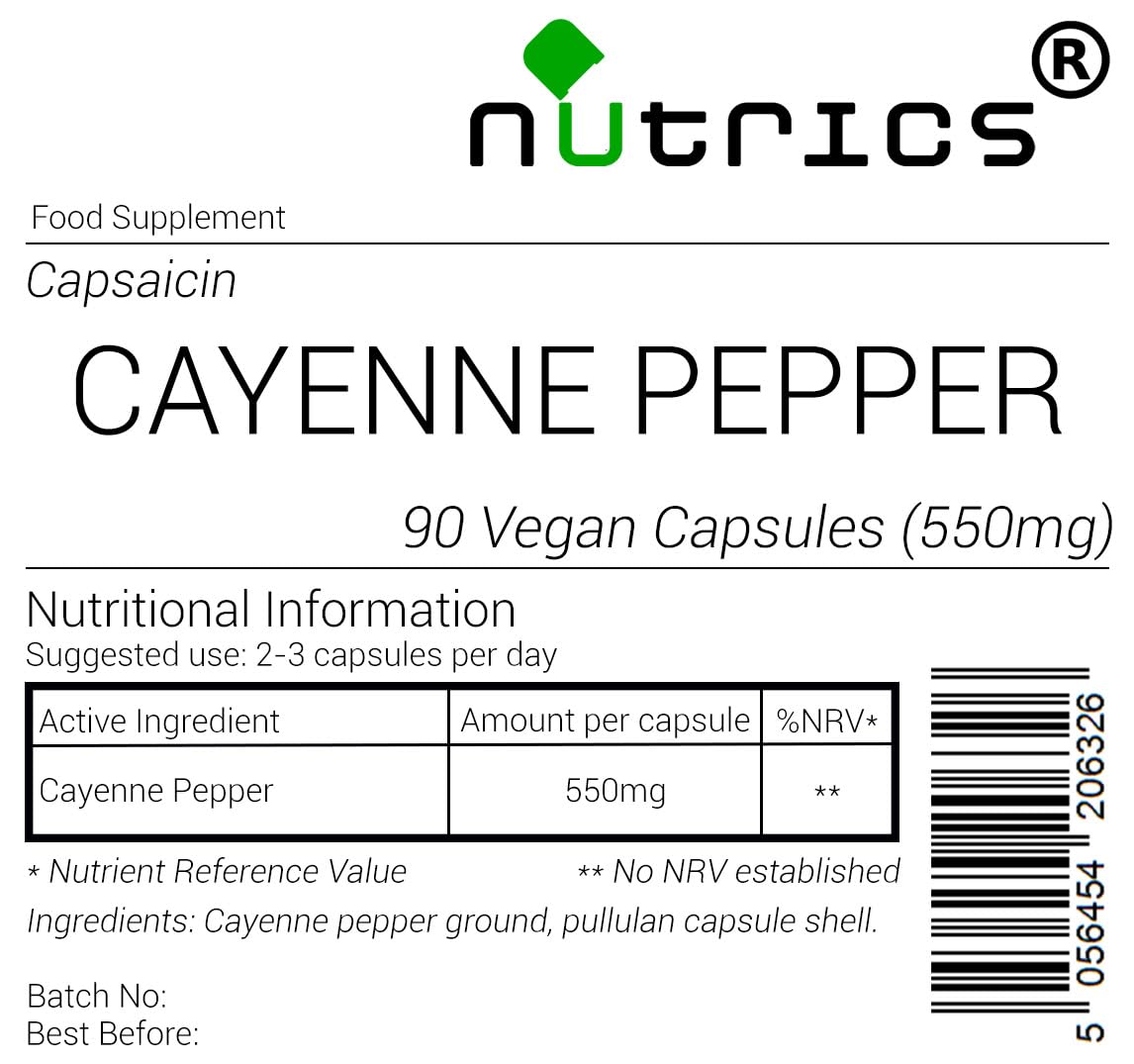 Nutrics® Cayenne Pepper 550mg 90 V Capsules (1 Month Supply) - Cayenne Pepper Supplement - Suitable for Vegan Vegetarian Halal & Kosher Diet