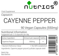 Nutrics® Cayenne Pepper 550mg 90 V Capsules (1 Month Supply) - Cayenne Pepper Supplement - Suitable for Vegan Vegetarian Halal & Kosher Diet
