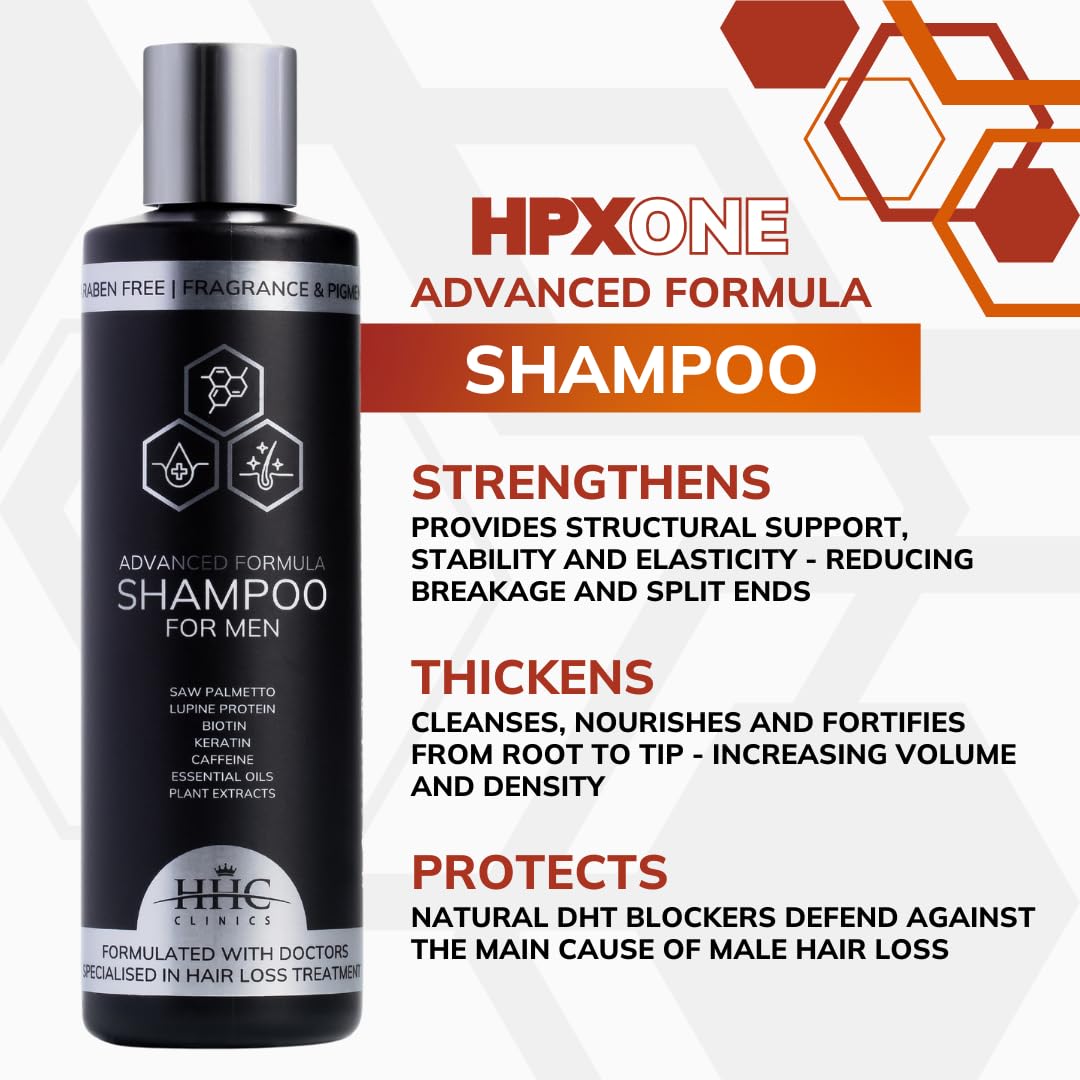 HPX ONE Anti Hair Loss Shampoo For Men - DHT Blockers: Saw Palmetto & Lupine Protein + Biotin, Keratin, Caffeine, Essential Oils & Plant Extracts - Strengthen, Thicken & Protect (250ml)
