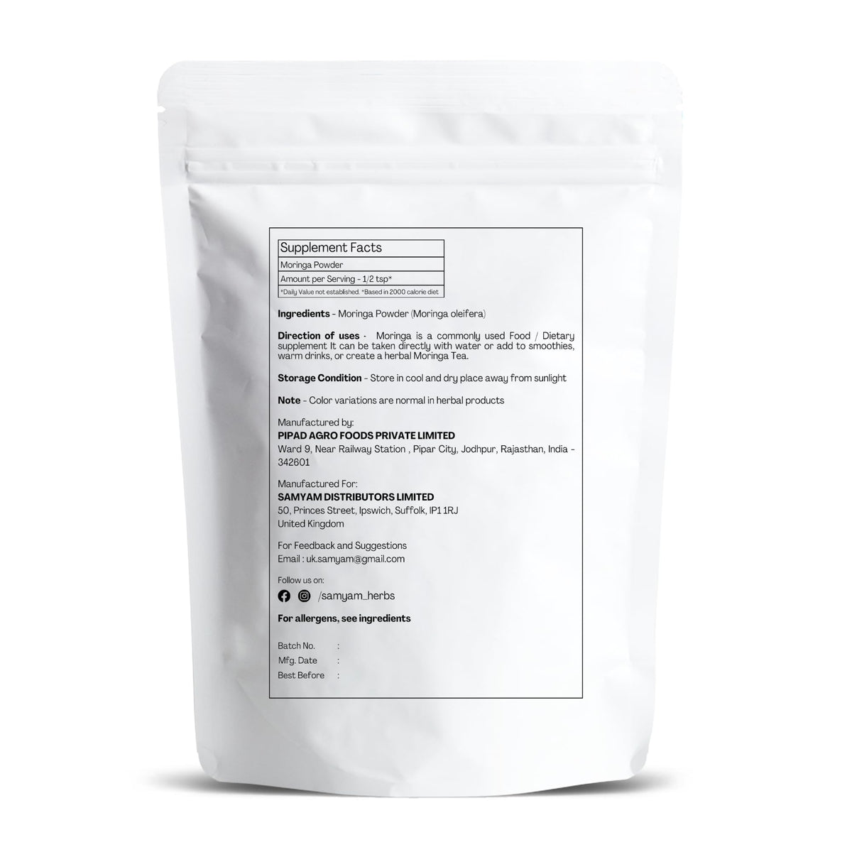 SAMYAM Moringa Leaves Powder - 500g Pack | Superfood Supplement, Plant-Based Nutrition