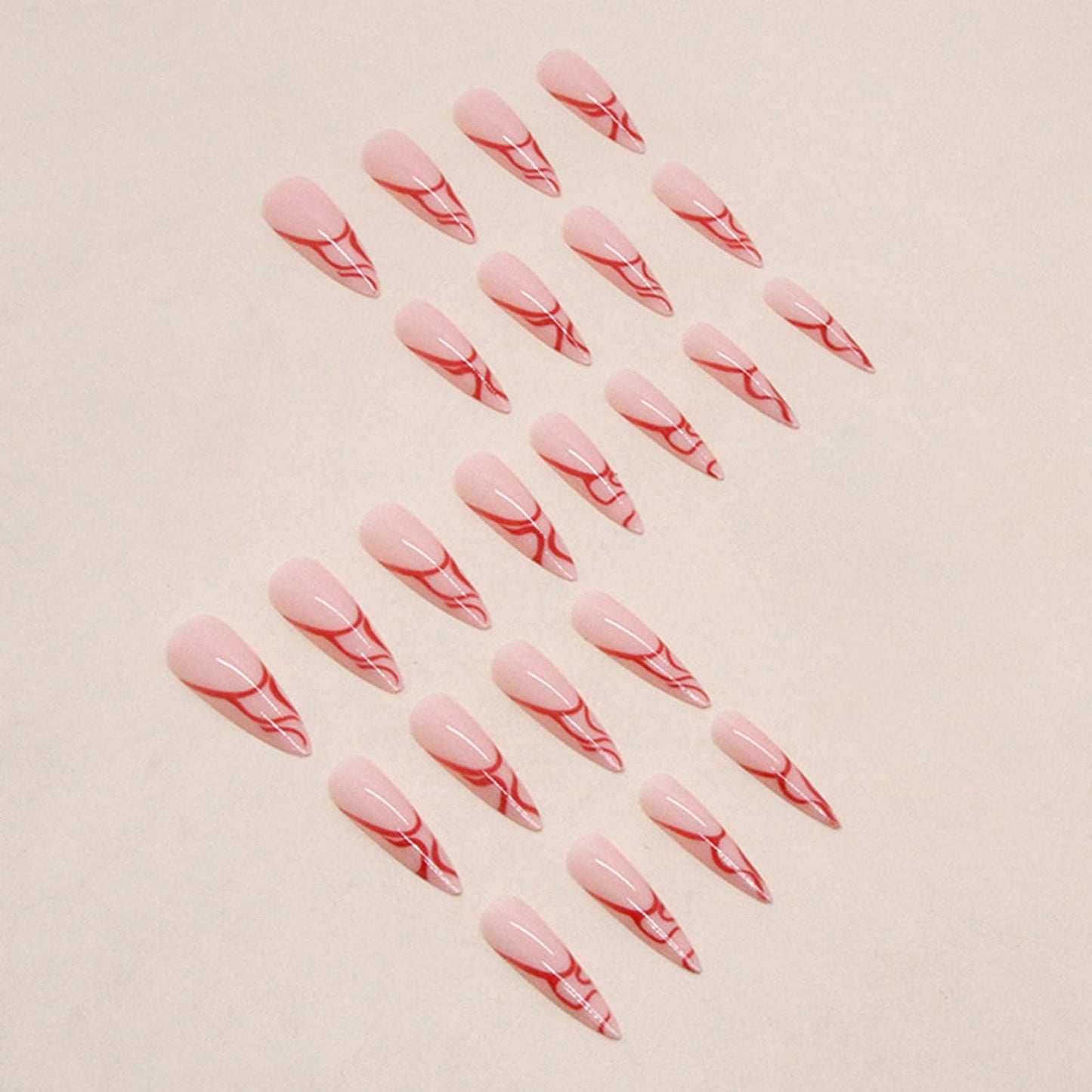 NICENEEDED 24 PCS Long Stiletto Press on False Nails, Almond Red Stripe Full Cover Glue on Fake Nails, Glossy Acrylic Stick on Artificial Nails for Women and Grils