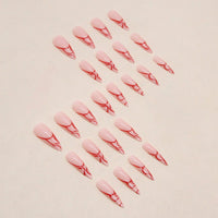 NICENEEDED 24 PCS Long Stiletto Press on False Nails, Almond Red Stripe Full Cover Glue on Fake Nails, Glossy Acrylic Stick on Artificial Nails for Women and Grils