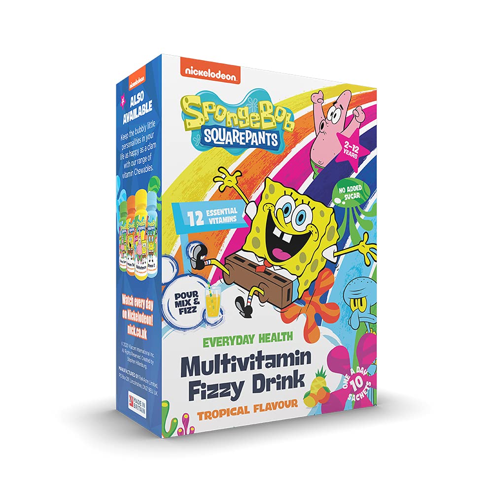 SPONGEBOB SQUAREPANTS SpongeBob SquarePants Multivitamin Fizzy Drink with 12 Essential Vitamins, Tropical Flavour, Vegan, No Added Sugar, for 2-7 Year Olds Pack of 10 Sachets