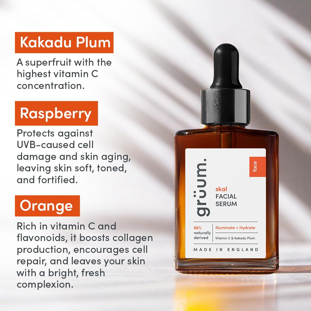 grüum 30ml Kakadu Plum with Vitamin C serum for face - 96% Naturally Derived Anti-ageing Face Serum for Women & Men - Made in the UK