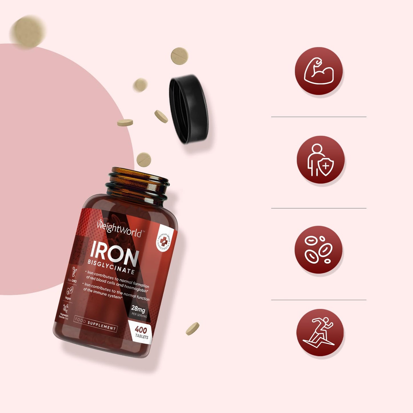 WeightWorld Iron Supplements for Women & Men - 28mg - 400 Tablets (6+ Months Supply) - Highly Bioavailable Ferrous Bisglycinate Form - Non-GMO & Vegan Iron Tablets High Strength - Gentle Formulation