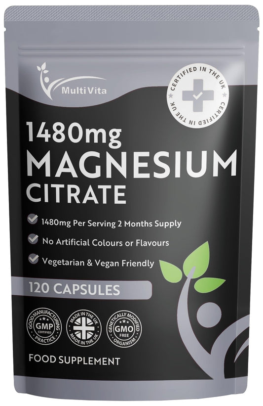 Multivita Magnesium Citrate 1,480mg 120 Vegan Capsules 2 Months Supply - Providing 440mg Elemental Magnesium Per Serving - Magnesium Capsules not Magnesium Tablets - High Strength Magnesium Supplement GMO Free