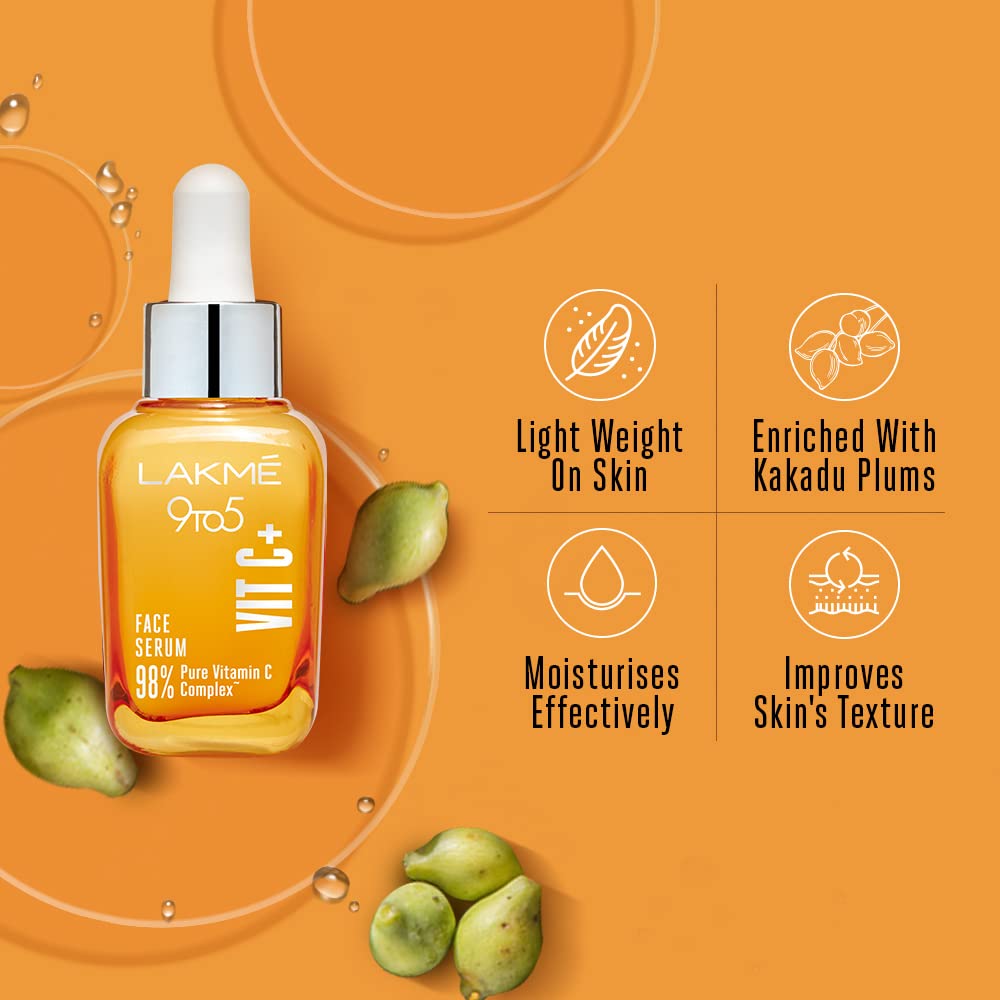 Lakme 9to5 Vitamin C+ Face Serum, For Nourished & Bright Skin with Antioxidant Rich Vitamin C & Kakadu Plum Extract, Non Greasy, 30 ml, LFWY100
