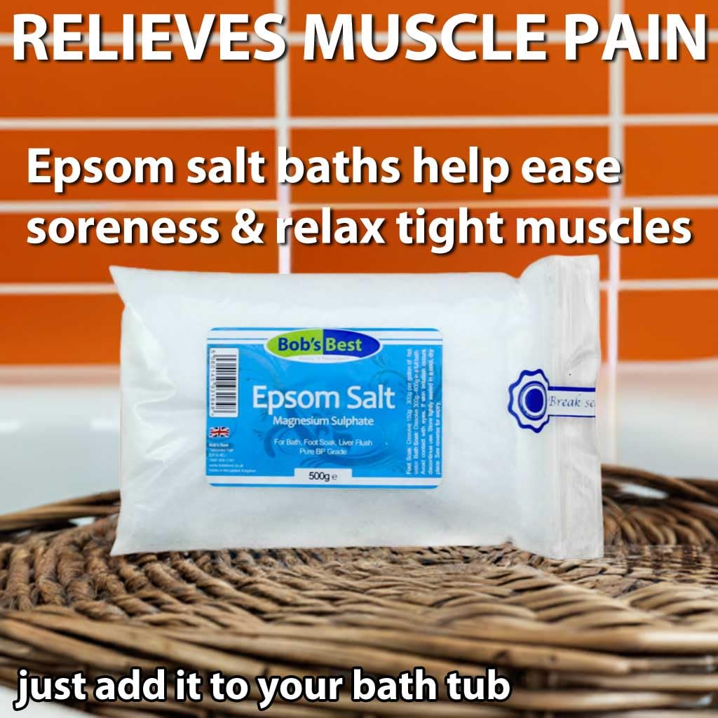 Bob's Best Pure Epsom Salts 500 Grams for Bath or Foot Soak - BP Grade Magnesium Sulphate Supports Muscle Recovery, Reduces Stress & Promotes Relaxation
