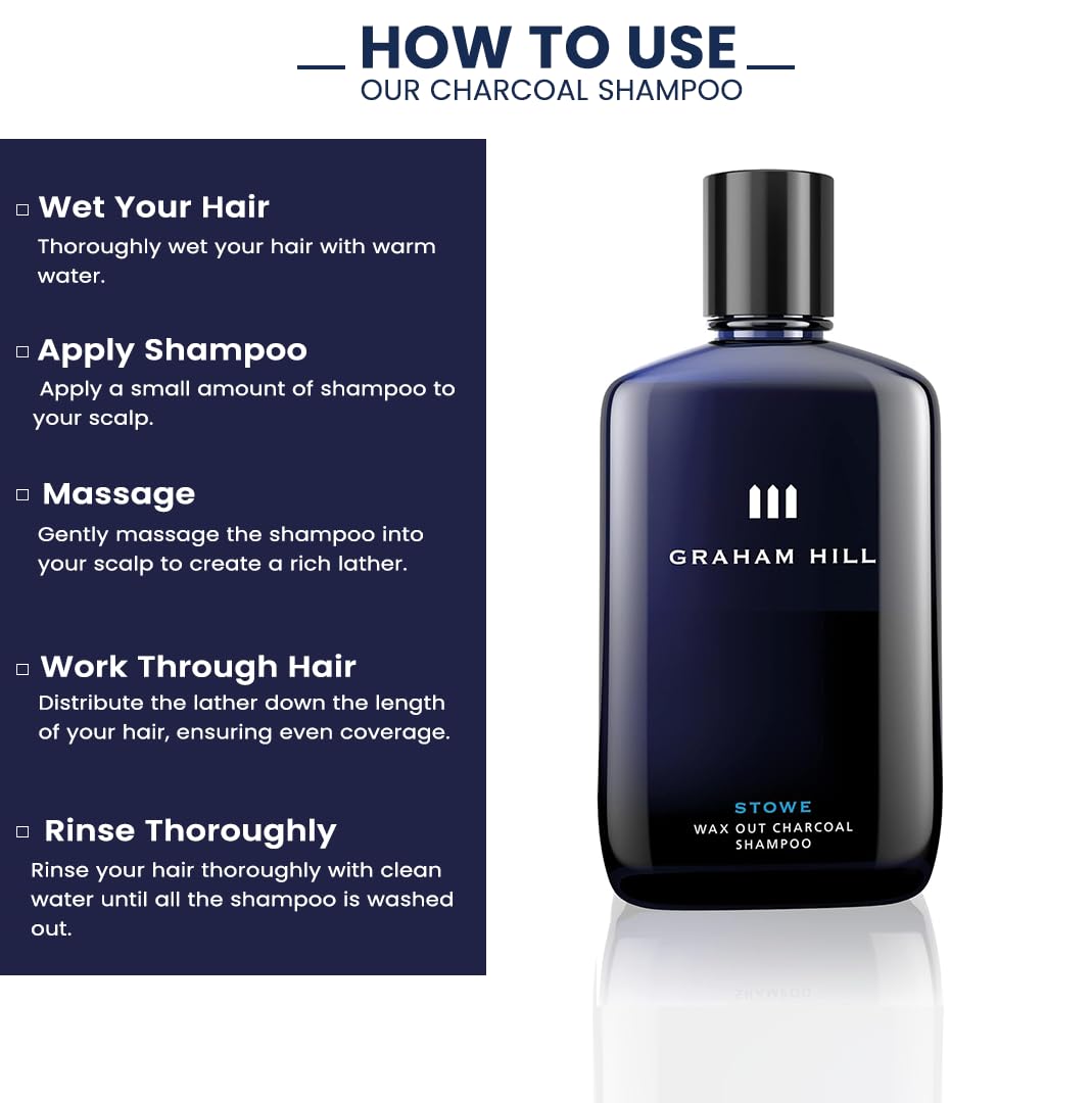 GRAHAM HILL Stowe Wax Out Charcoal Shampoo for Men - Detoxifying Mens Shampoo (250ml), Ideal for Oily Hair Shampoo with Natural Ingredients, Reduces Dandruff and Promotes Healthy Hair Growth