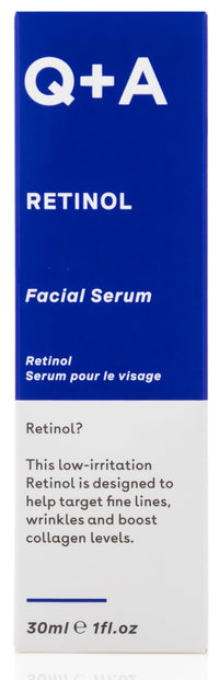 Q+A Retinol Facial Serum, with Bisabobol and Squalane to sooth the skin whilst delivering youth-boosting benefits, targets fine lines, renews uneven skin tone, and leaves skin feeling smooth, 30ml