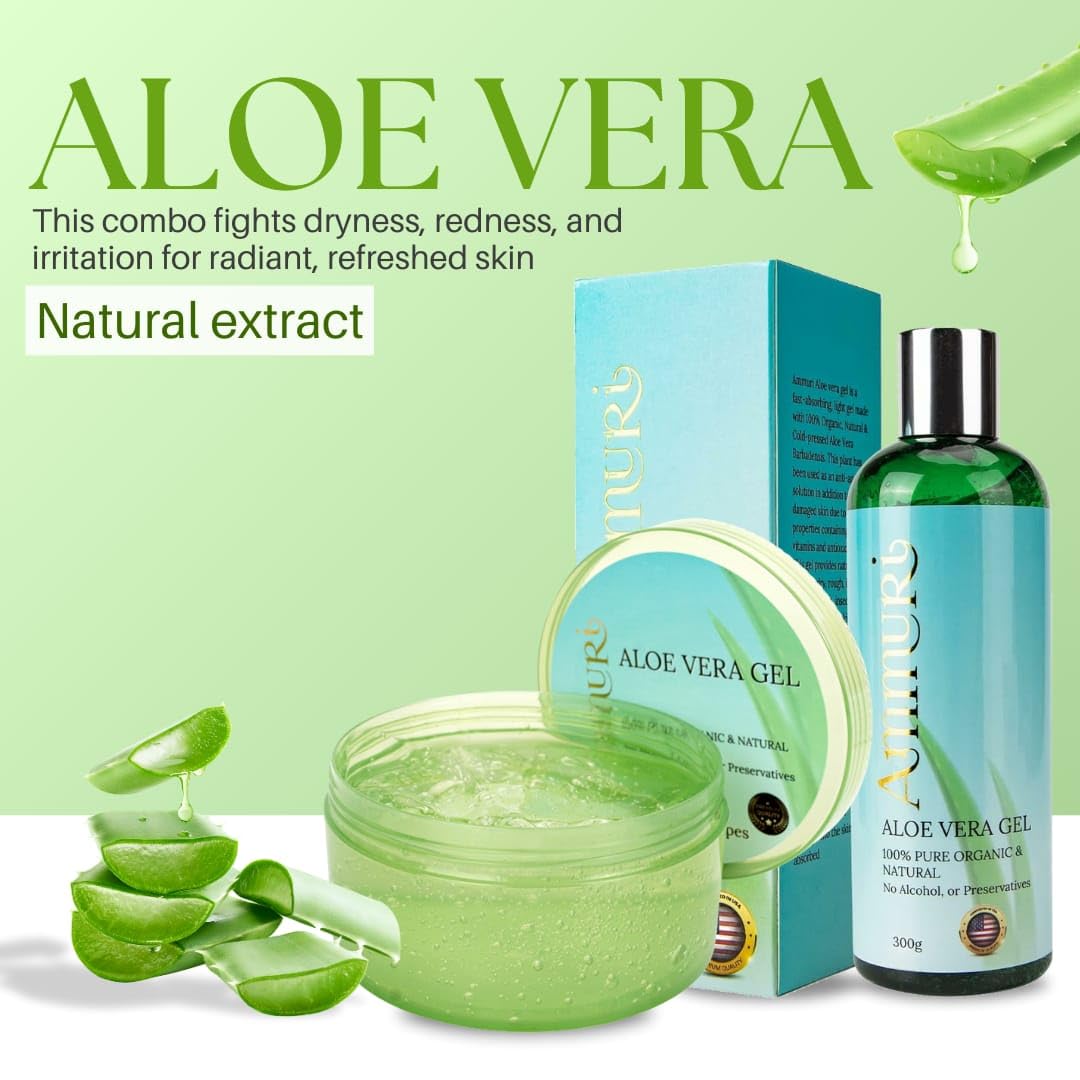 Ammuri Organic Aloe Vera Gel Set - 2 Pack: 300ml Bottle & Jar - 100% Pure Aloe for Skin & Hair Care - Non-Sticky & Fast Absorbing - Multi-Purpose Hydration