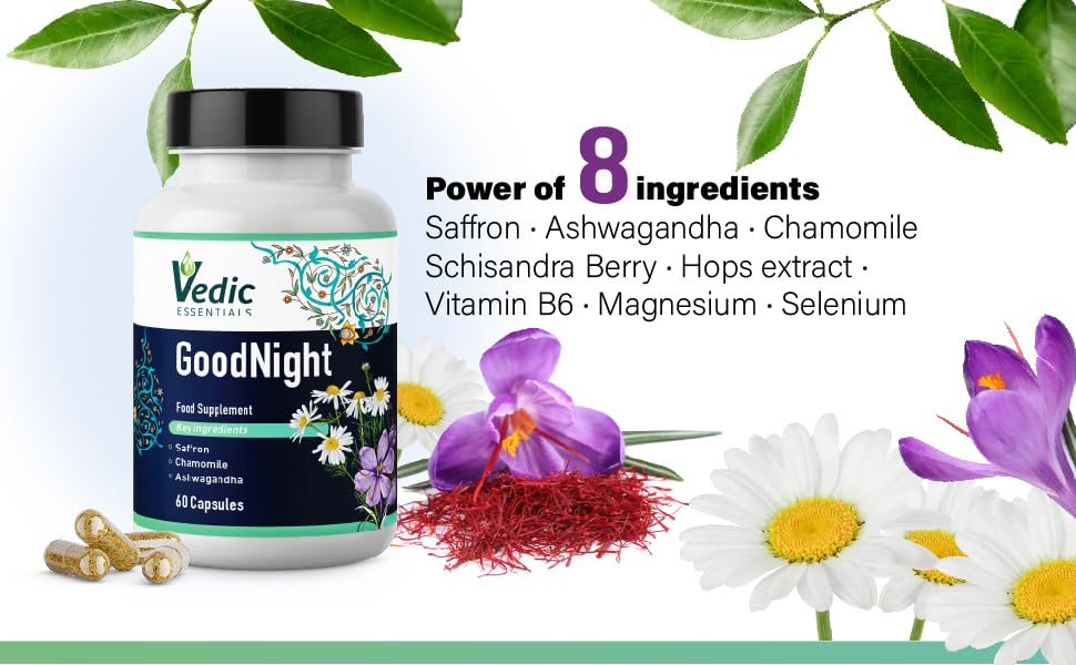 Saffron + Chamomile + Ashwagandha + Melatonin alternative Natural Sleep Aid | Quick and Good night sleep | Vegan, Halal, Gluten-free | 60 nights | Vedic Essentials