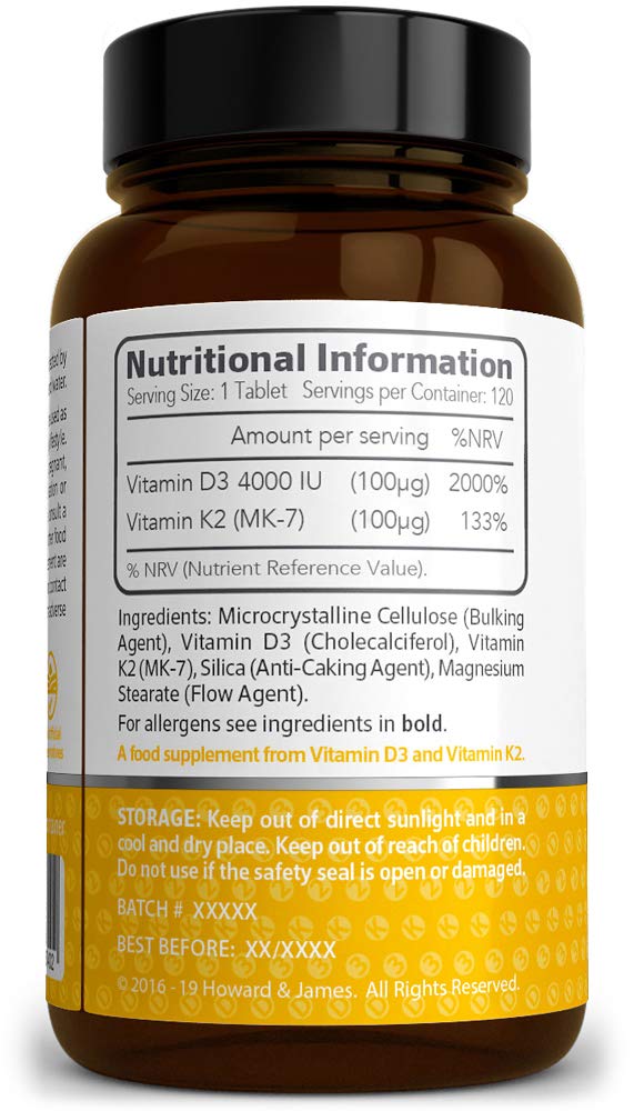 HOWARD & JAMES Vitamin D3 4000iu Plus Vitamin K2 100ug 120 High Strength Vegetarian Tablets