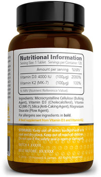 HOWARD & JAMES Vitamin D3 4000iu Plus Vitamin K2 100ug 120 High Strength Vegetarian Tablets