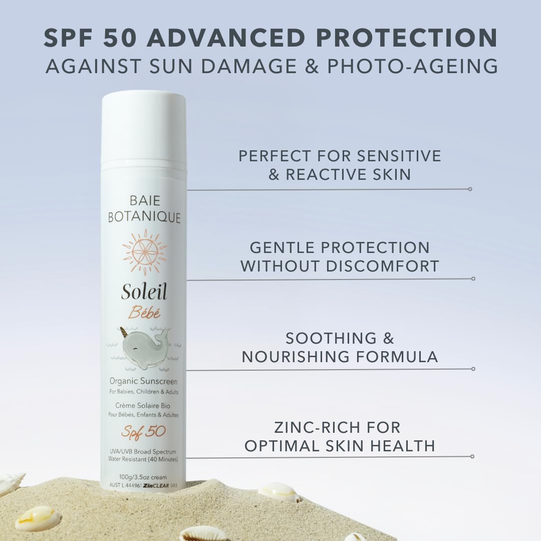 NEW – Baie Botanique Soleil Bébé – Organic Mineral Baby & Children Sunscreen SPF 50 – Non-Nano Zinc Oxide – Sunflower & Jojoba – Unscented – Vegan – Reef Safe – Broad Spectrum UVA/UVB- 100g