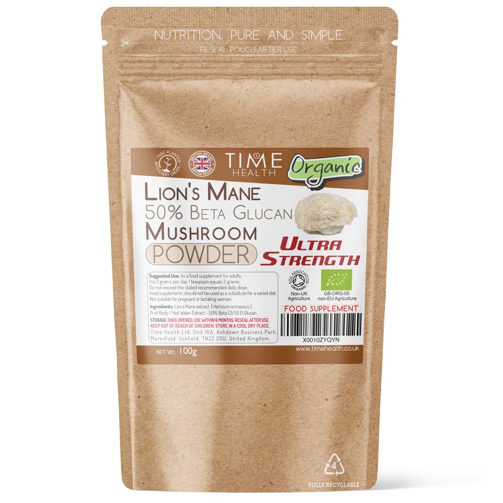Lions Mane Organic - Ultra Strength 50% Beta 1,3/1,6 D Glucan (Hericium Erinaceus ‎) - Zero Additives (100g Powder Pouch)