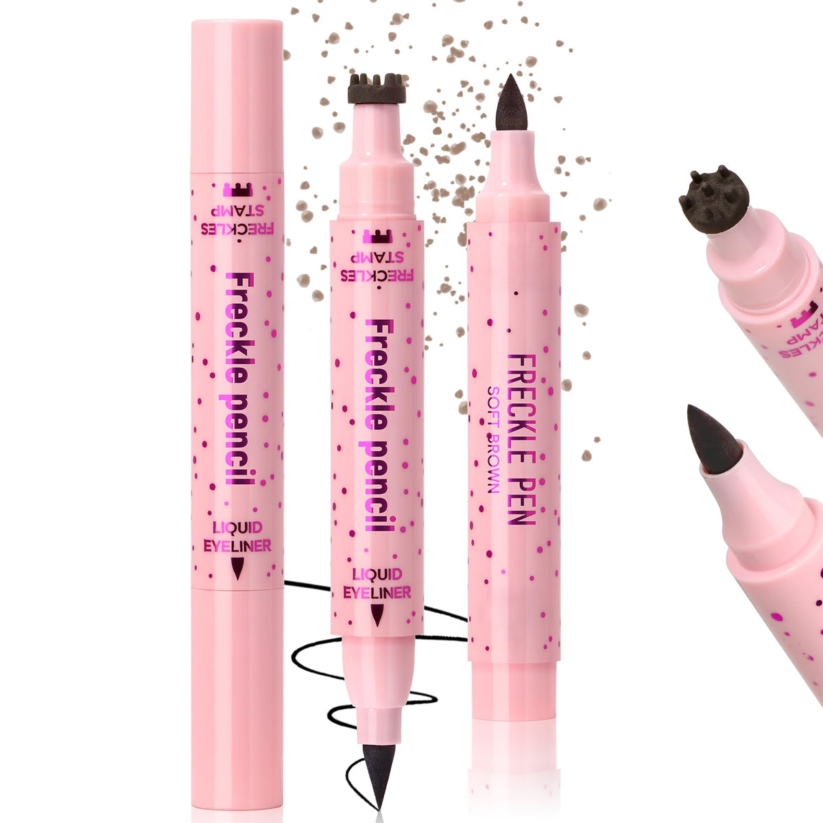 Noerrors 2PCS Freckle Stamp Pen for Natural Lifelike Faux Freckle, 2 in 1 Freckle Stamp Eyeliner and Soft Dot Spot Pen, Waterproof Long Lasting Fake Freckles Marker for Sunkissed Makeup #Light Brown