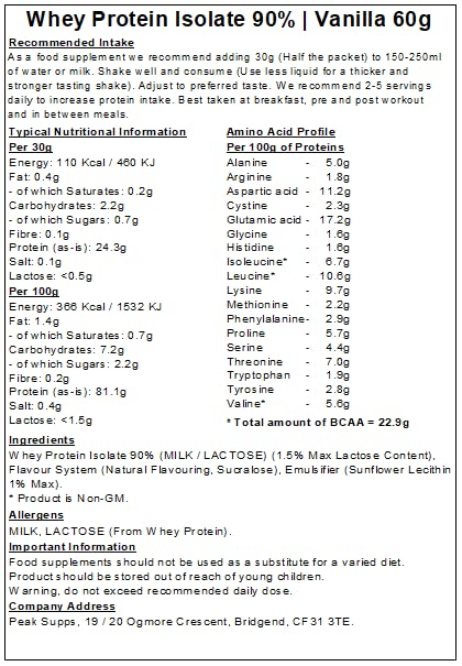 Peak Supps Whey Protein Isolate 90% - All Flavours (Vanilla, 60g (2 Servings))