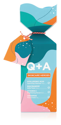 Q+A Skincare Heroes Gift Set Bundle, Giftset contains Hyaluronic Acid Hydrating Cleanser 75ml, Vitamin C Brightening Serum 30ml, Ceramide Face Cream 50g, and Niacinamide Daily Toner 100ml