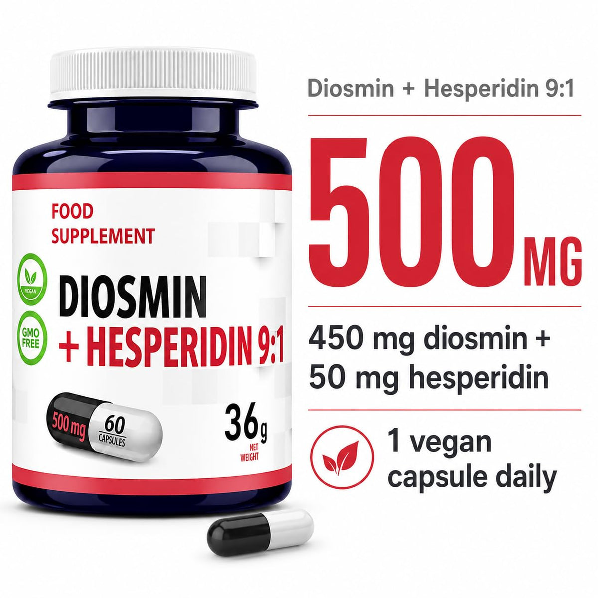 Hepatica Diosmin & Hesperidin 500mg | Diosmin 450mg & Hesperidin 50mg | Bioflavonoid Complex | 60 Vegan Capsules | 2-Month Supply | 3rd Party Lab Tested