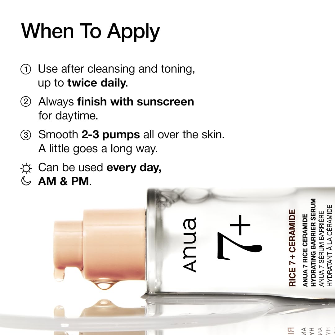 ANUA RICE CERAMIDE 7 HYDRATING BARRIER SERUM, Hydrating Serum for Face, Rice, Hyaluronic Acid, Niacinamide, Non comedogenic, Glass Skin, 50ml/1.69fl.oz.