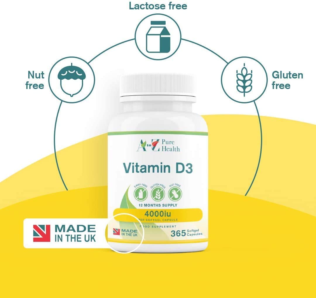 Premium High Strength Vitamin D3 4000iu Supplement | 365 Easy to Swallow Softgel Capsule | One a Day, Year Supply | Supports Healthy Bones, Teeth, Muscle and Immune System | UK Made