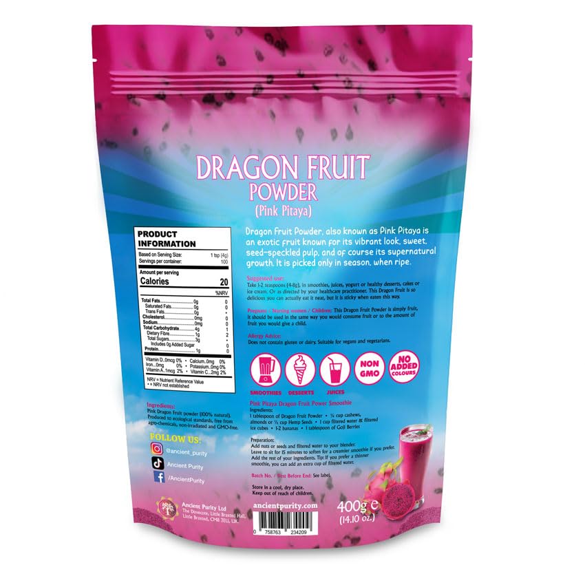 Dragon Fruit Powder | Pink Pitaya Freeze Dried Single Origin Thailand Natural Fruit Powder - Ancient Purity 200g