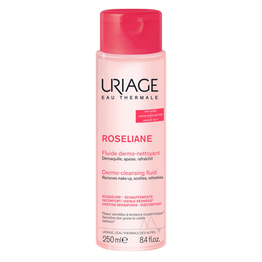 Uriage Roséliane Anti-Redness Dermo-Cleansing Face & Eyes Fluid 250ml - Fresh Milky Make-up Remover For Sensitive Skin Prone to Redness - Instant Relief & Long-Lasting Comfort - Non-Comedogenic