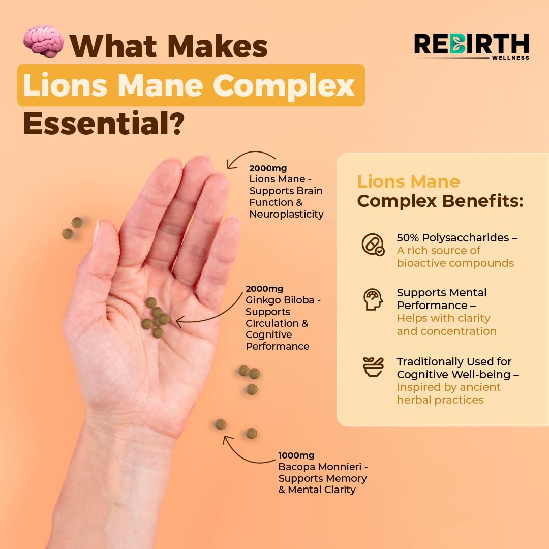 REBIRTH WELLNESS BE YOURSELF | ONLY BETTER Lions Mane Supplement - 2000 mg Lion's Mane (50% Polysaccharides), 2000 mg Ginkgo Biloba & 1000 mg Bacopa Monnieri - Nootropics Supplement - 120 Small Vegan Tablets - UK Made - 3rd Party Lab Tested
