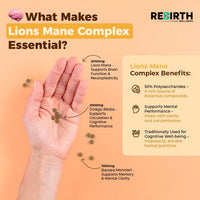 REBIRTH WELLNESS BE YOURSELF | ONLY BETTER Lions Mane Supplement - 2000 mg Lion's Mane (50% Polysaccharides), 2000 mg Ginkgo Biloba & 1000 mg Bacopa Monnieri - Nootropics Supplement - 120 Small Vegan Tablets - UK Made - 3rd Party Lab Tested