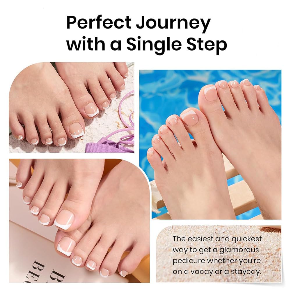ZDHSOY 24Pcs French Tip Press on Toenails - Short Square Pink Fake Toe Nails/White French Tip False Toenails Acrylic Full Cover Press ons Toenails for Pedicure Decorations