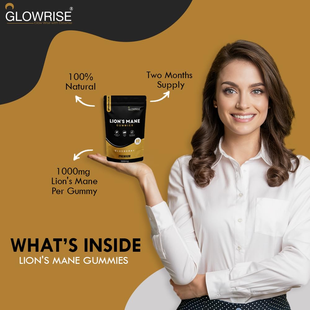 GLOWRISE Lions Mane Gummies 1000mg – Blueberry Flavor, Sugar-Free, Vegan & Halal - 60 Gummies (Two Months Supply)- (Not Powder or Capsules)