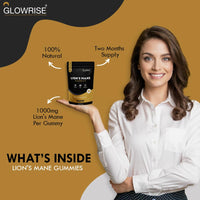 GLOWRISE Lions Mane Gummies 1000mg – Blueberry Flavor, Sugar-Free, Vegan & Halal - 60 Gummies (Two Months Supply)- (Not Powder or Capsules)